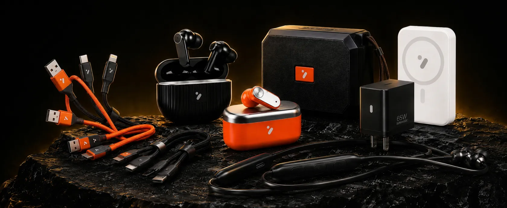 The Arrow range on a dark set — charging cables, earbuds in their cases, a Bluetooth speaker, a 65W adapter, a magnetic power bank and a neckband